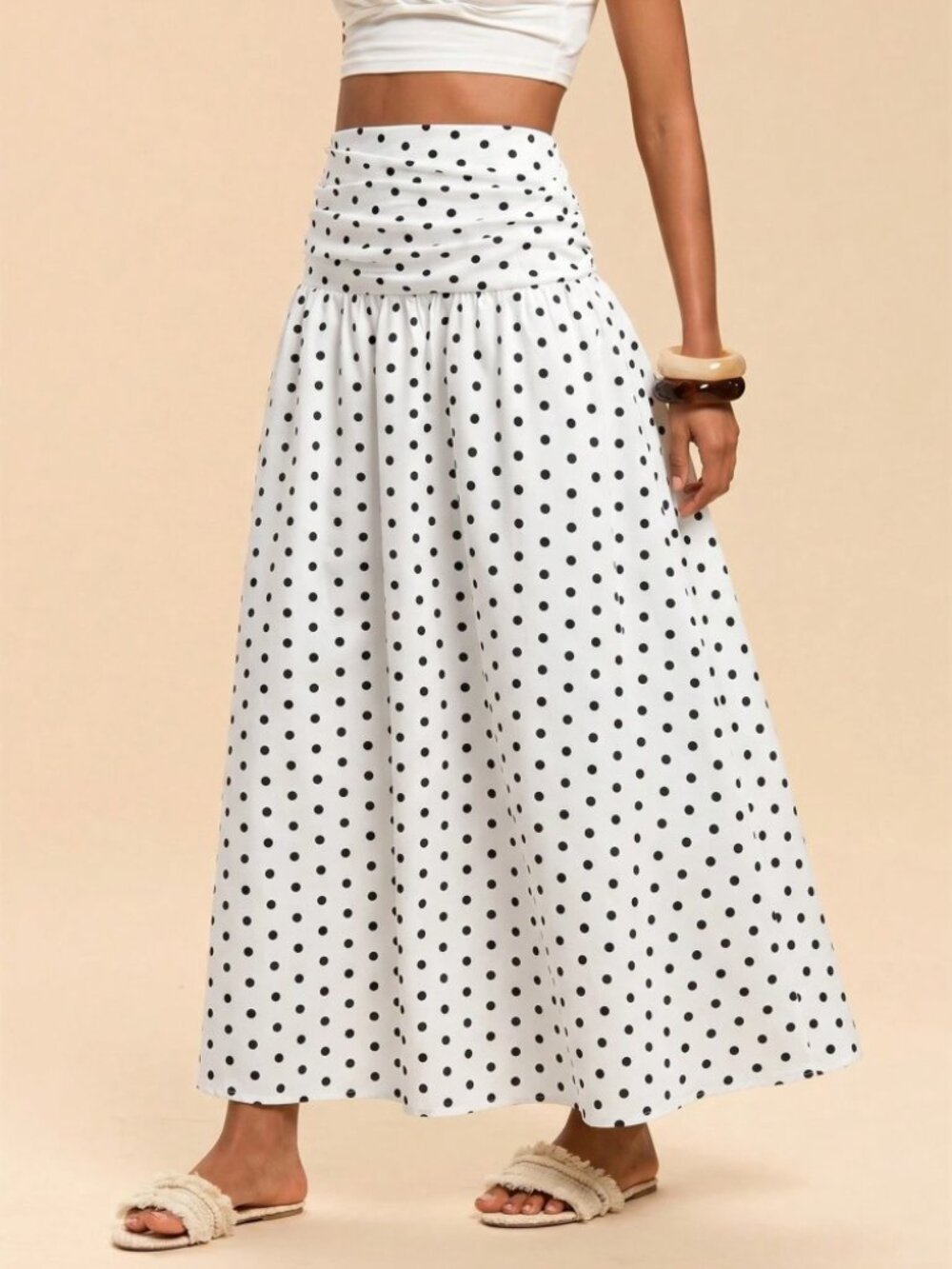 White Polka Dot Maxi Skirt with Ruched High Waist